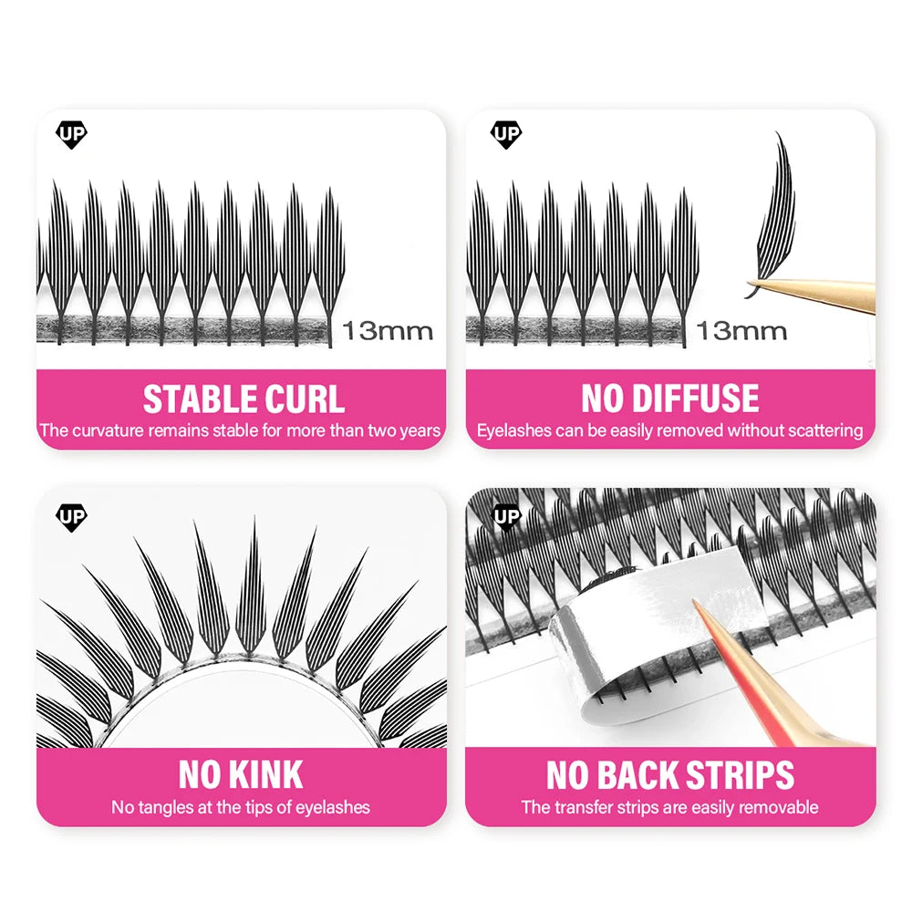 Pack of feather-shaped manga lashes showing various styles including stable curl, no diffuse, no kink, and no back strips.