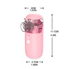 A pink portable mesh nebulizer device shown with dimensions and components.