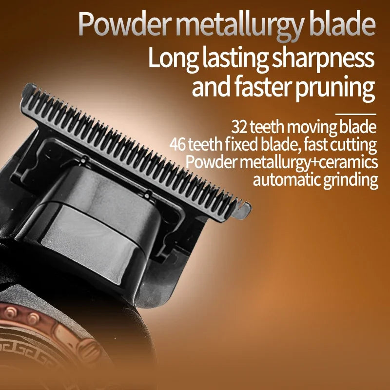 Close-up of a powder metallurgy blade hair clipper with moving and fixed teeth for automatic grinding.