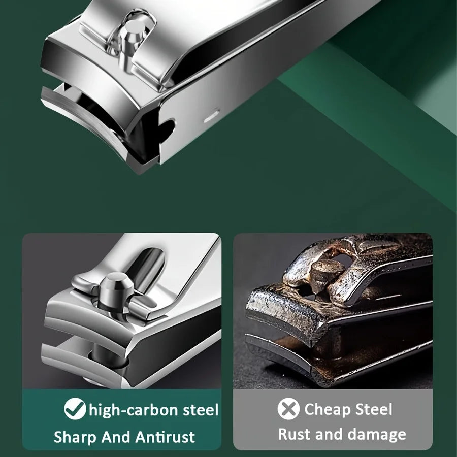 Close-up view of a professional stainless steel nail clipper and grooming set with features for sharpness and anti-rust