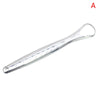 A stainless steel tongue scraper tool with a curved handle and loop for oral hygiene.