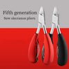 A pair of fifth generation new olecranon pliers in red and black are shown against a red background.