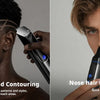 A man shows off a haircut with a hair trimmer, demonstrating precision trimming and contouring.