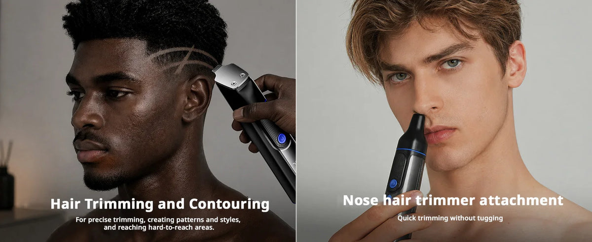 A man shows off a haircut with a hair trimmer, demonstrating precision trimming and contouring.