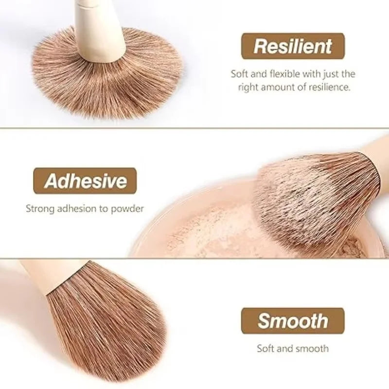 A set of professional makeup brushes in a bronze color showing different textures and applications.