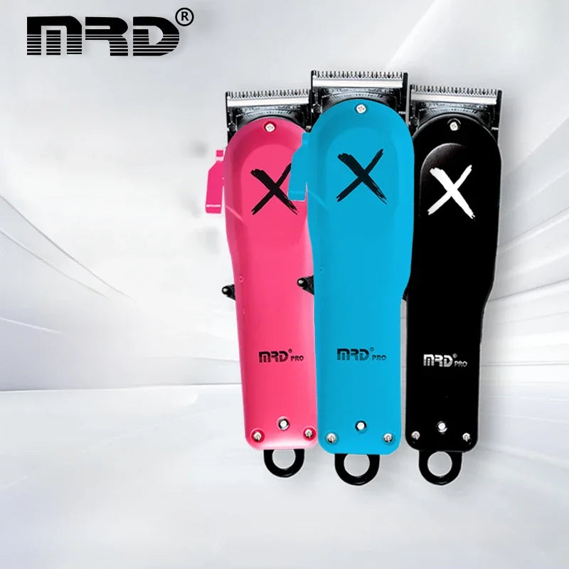 Three professional cordless hair clippers in pink, blue, and black are displayed against a white background.