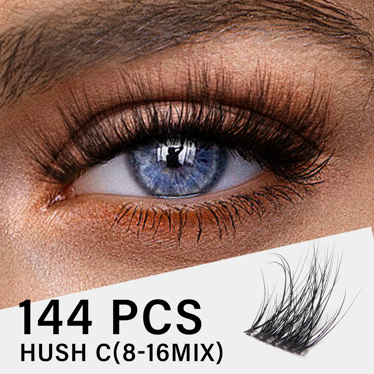 Close-up of a blue eye with long black wispy eyelash clusters for DIY extensions