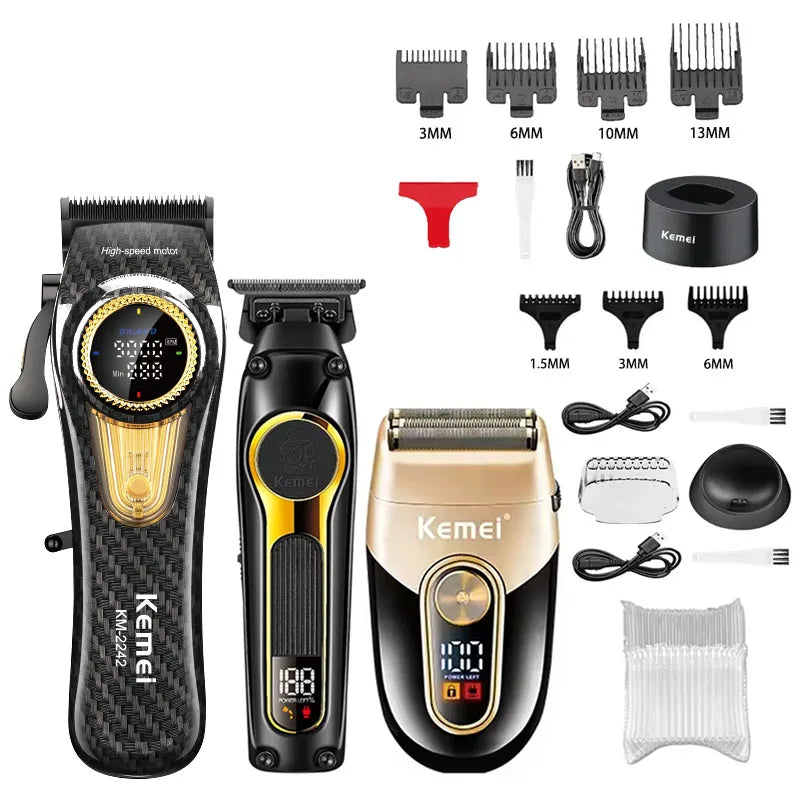 A set of professional rechargeable electric hair clippers including various guards and accessories.