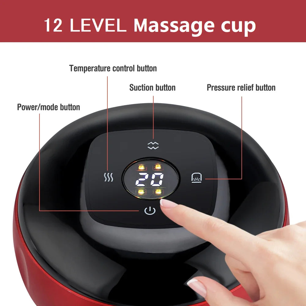 A close-up of a black massage cup with control buttons and a red rim, showing features like temperature, suction, and pressur