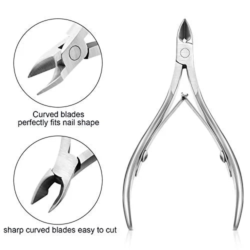 A pair of professional stainless steel cuticle nail nippers showing the tool and its curved blades.