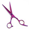 A pair of professional 6-inch stainless steel hairdressing scissors with purple handles.