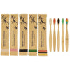 A set of ten eco-friendly bamboo toothbrushes in various colors and natural bristles packaged in individual paper sleeves.