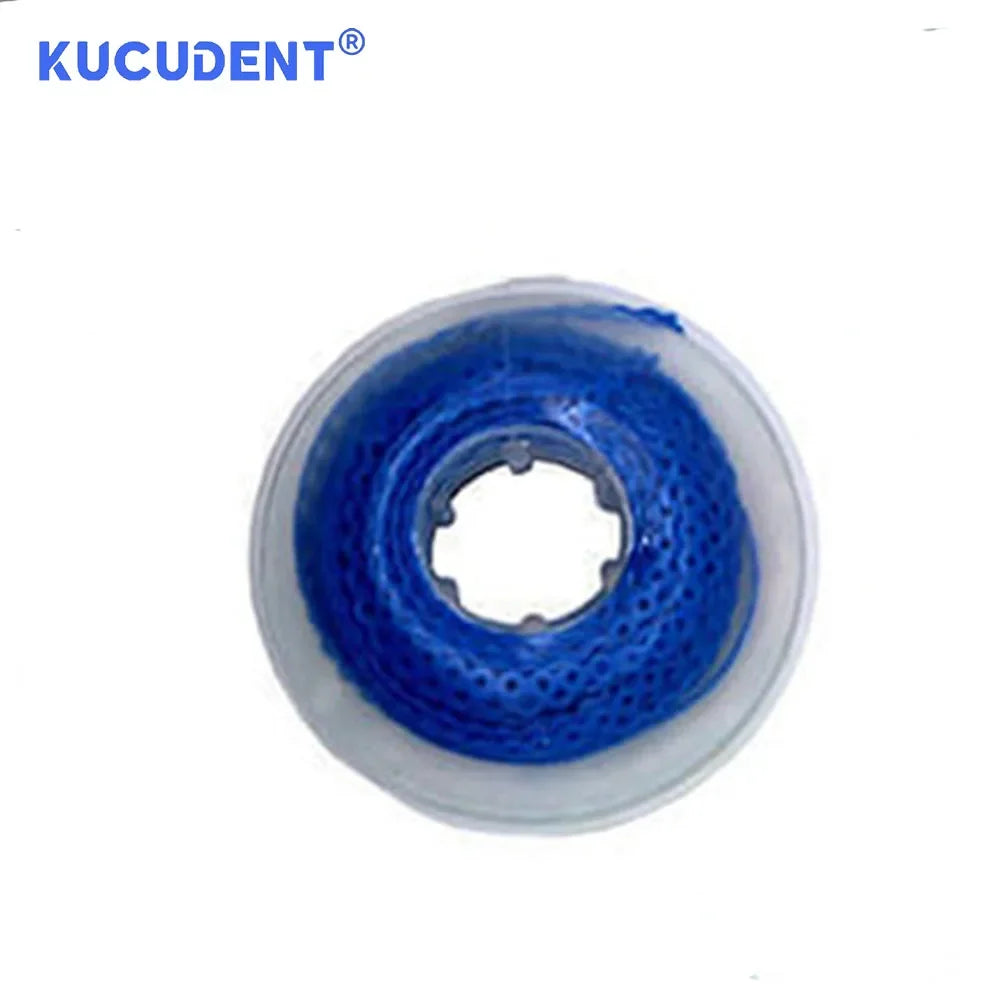 A blue dental orthodontic power chain elastic rubber band with a central hole.