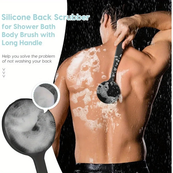 A person is using a silicone back scrubber brush with a long handle to clean their back.