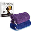 Two purple and blue African net sponge exfoliating loofahs shown next to the product packaging.