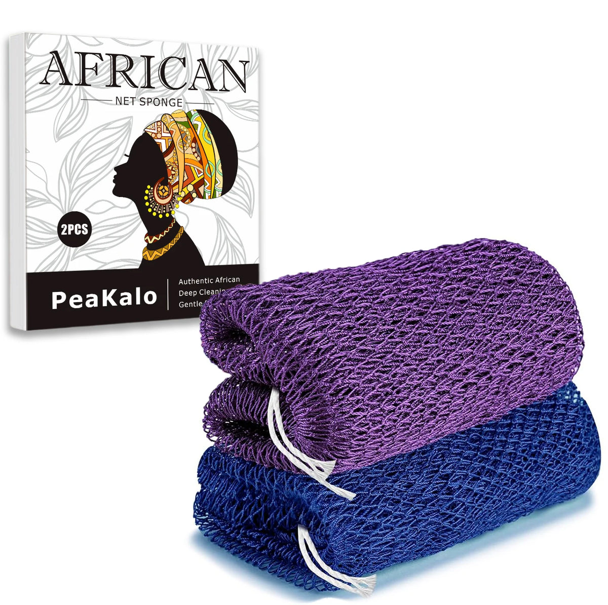 Two purple and blue African net sponge exfoliating loofahs shown next to the product packaging.