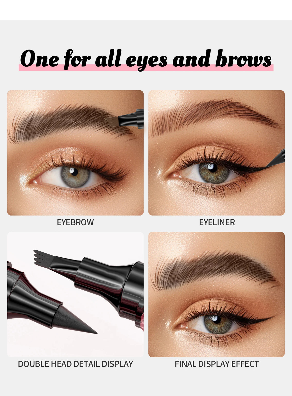 A multi-color waterproof eyebrow pen showing the double head detail display and final eyeliner effect on an eye.