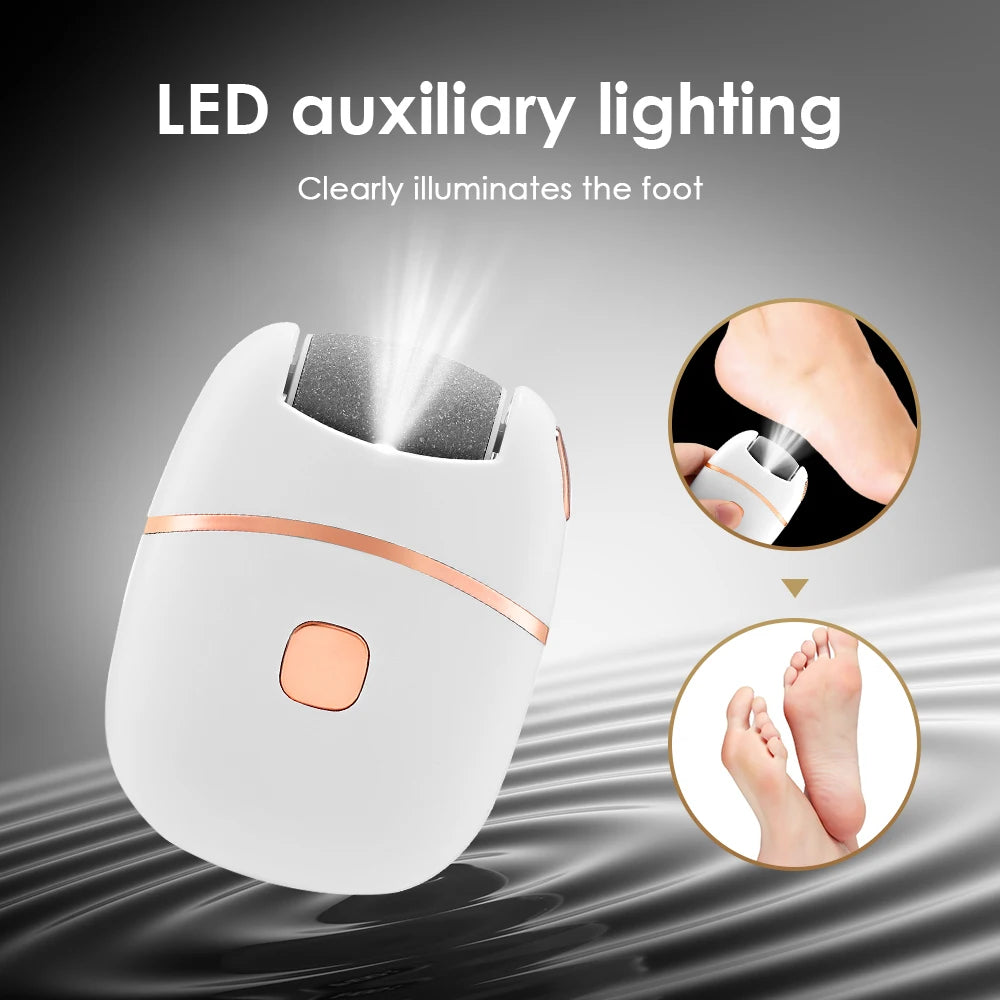 A white LED auxiliary lighting device illuminates the foot, shown next to a hand and a foot.