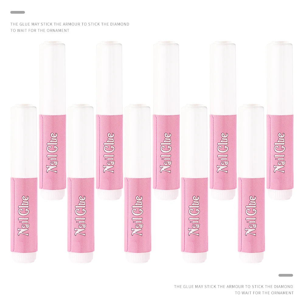 Un set de colle professionnelle rose pour ongles press-on et acryliques, montré dans divers emballages.