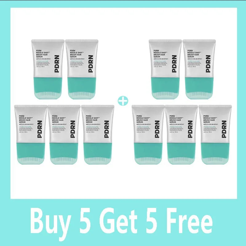 A collection of ten tubes of PDRN Reedle Shot Brush for scalp health products in various shades of mint green and white.