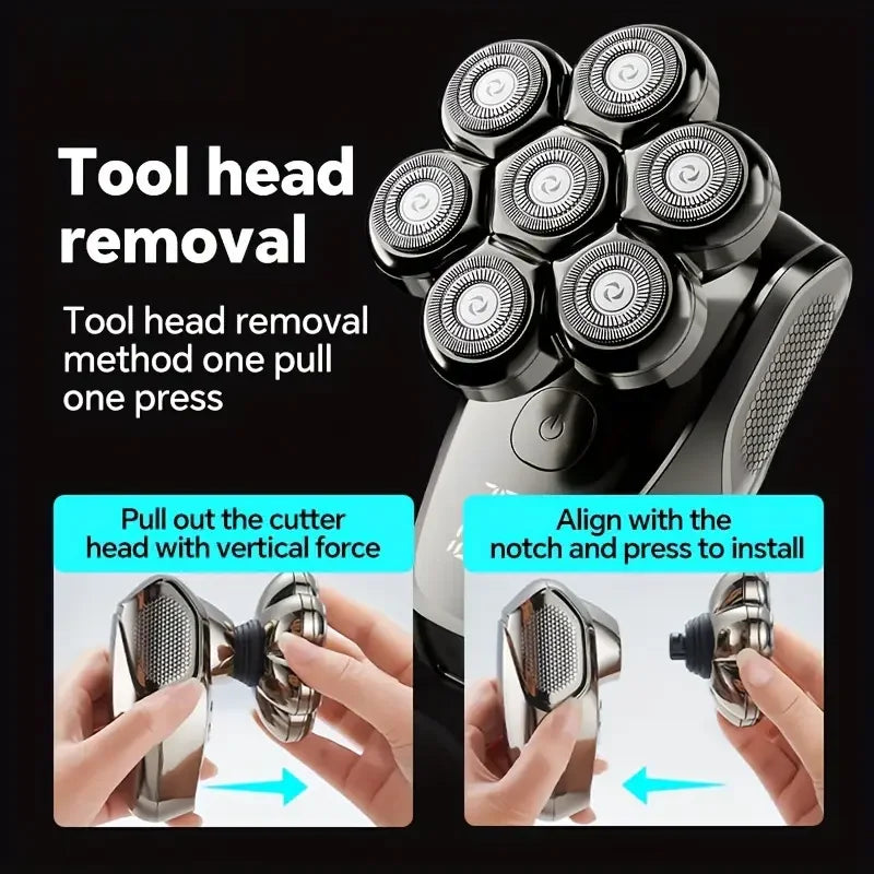 Diagram showing the tool head removal method using one pull and one press for a multifunctional electric shaver and trimmer.