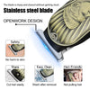 Close-up view of a stainless steel openwork electric hair clipper blade design and features.