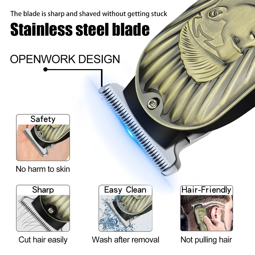 Close-up view of a stainless steel openwork electric hair clipper blade design and features.