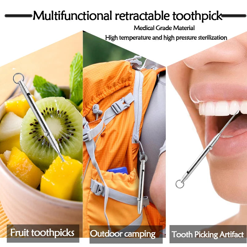A set of metal toothpicks shown next to fruit and an outdoor camping backpack