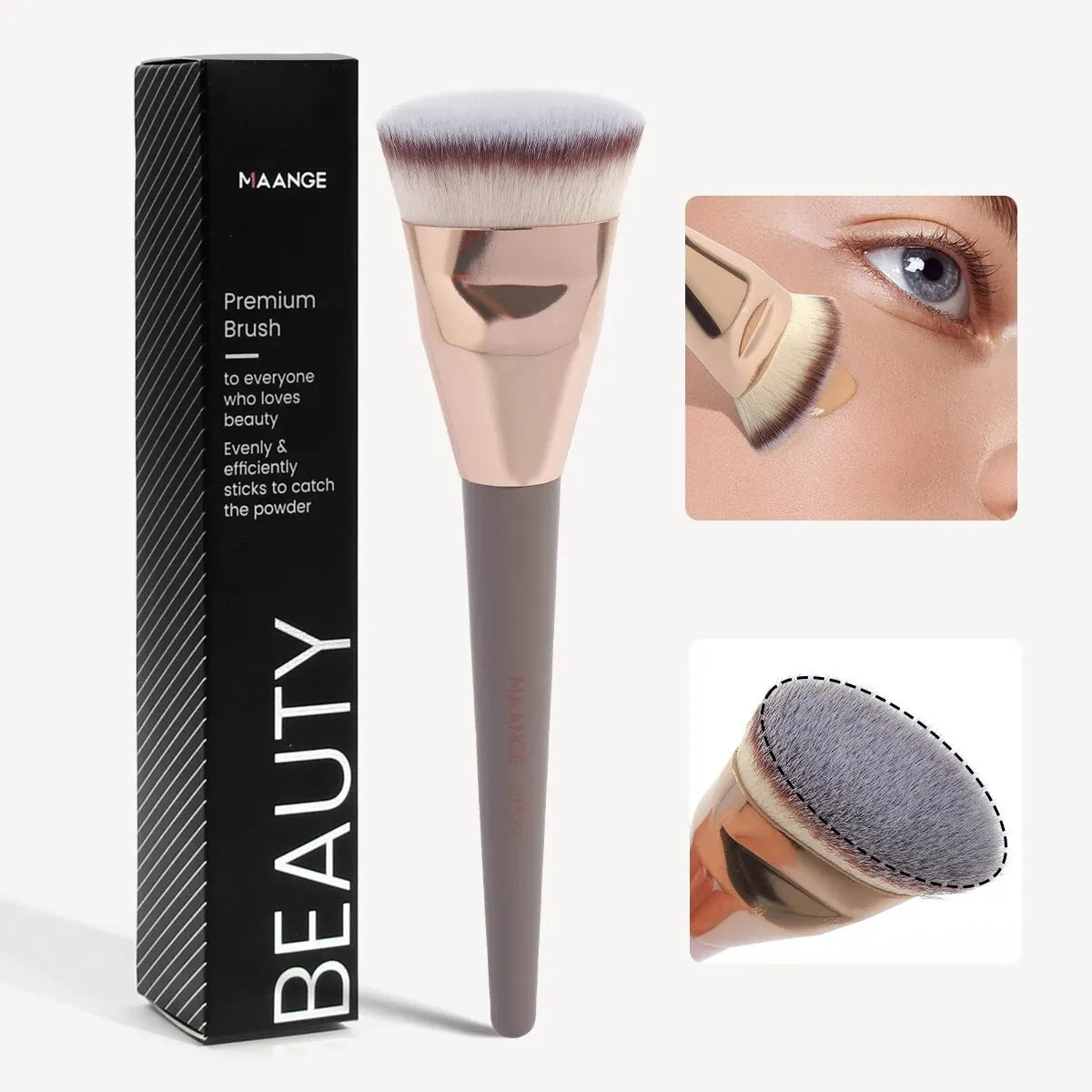 A premium Maange flat kabuki foundation brush in rose gold and gray is shown next to its packaging.