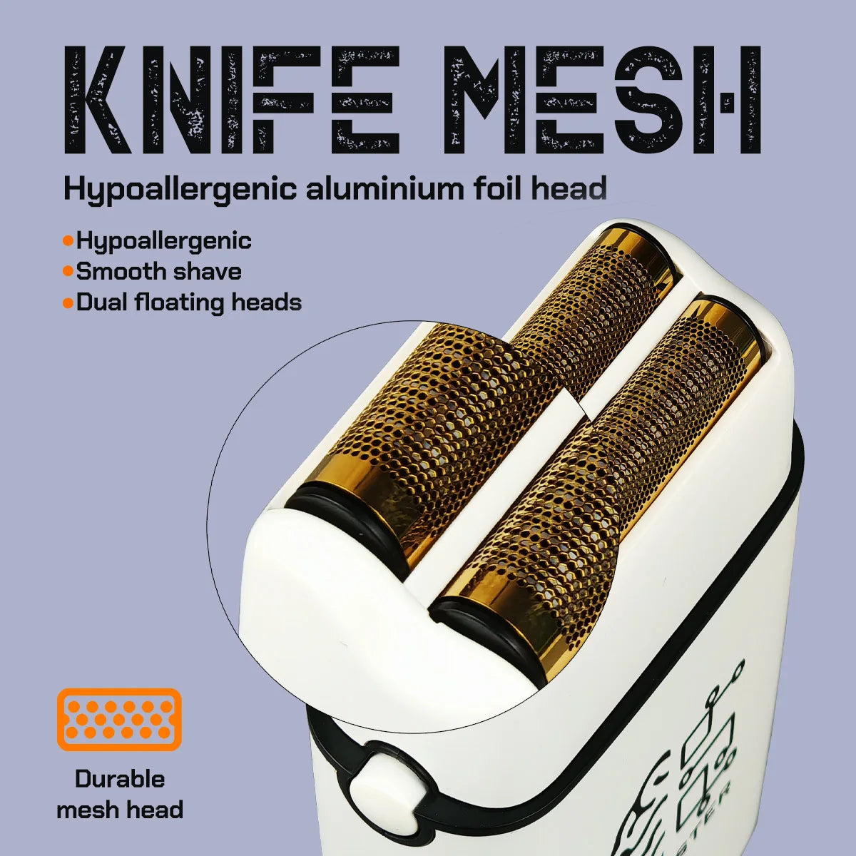 A close-up view of a white grooming tool with two gold mesh heads for a professional high-speed hair trimmer set.