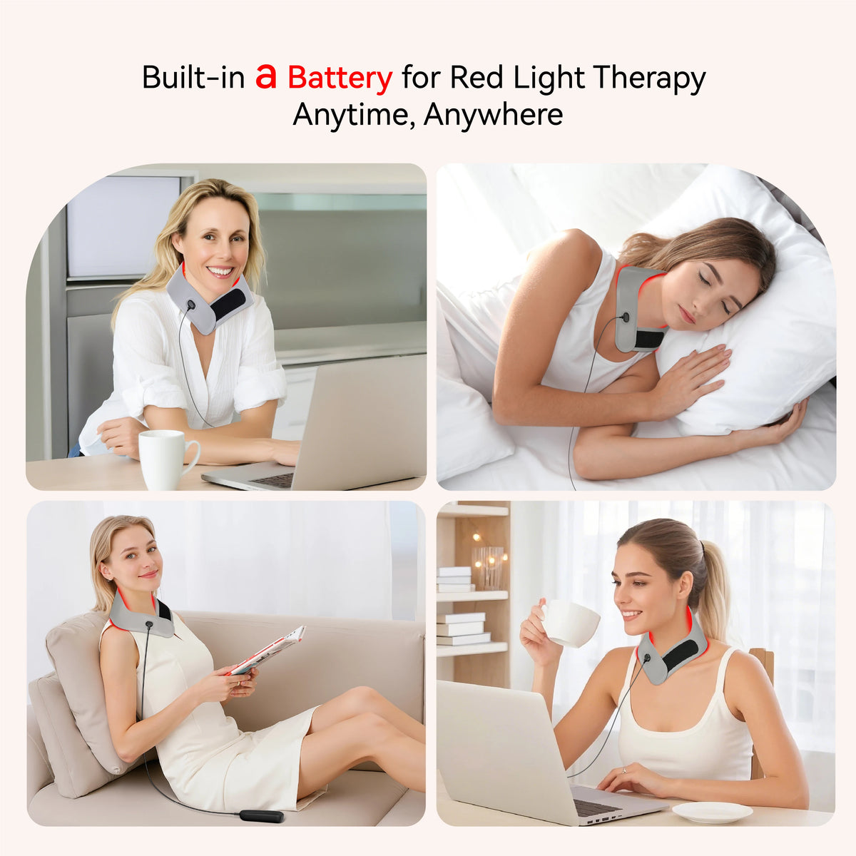 A woman uses a built-in battery red light therapy device while working on a laptop and relaxing in bed.