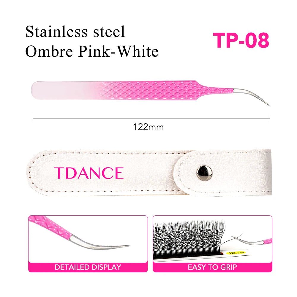 Pince à cils en acier inoxydable ombre rose-blanc avec grip coulissant et affichage détaillé.