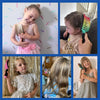 A collage showing children using a nylon bristle detangling comb for wet hair.