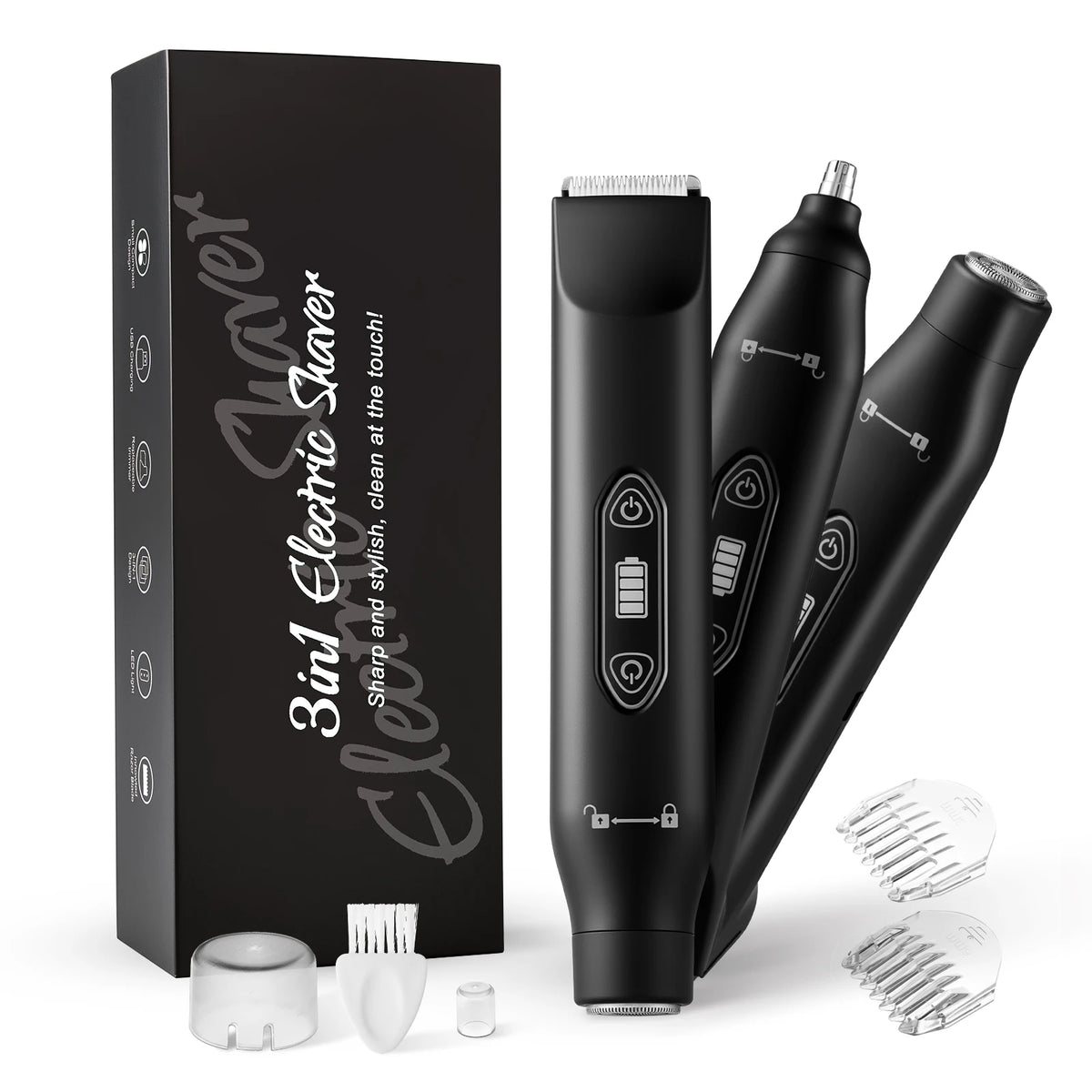 A black 3-in-1 electric shaver and its accessories are displayed on a white background.