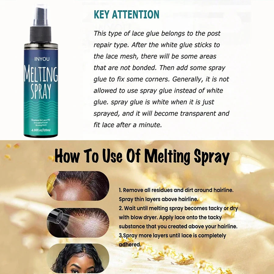 A bottle of Melting Spray is shown with instructions on how to use it for hair lace.