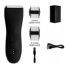 A black professional body and personal hair trimmer with multiple guide combs and a power cord.
