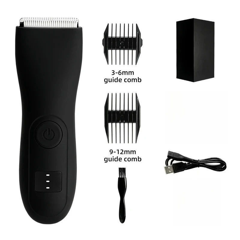 A black professional body and personal hair trimmer with multiple guide combs and a power cord.