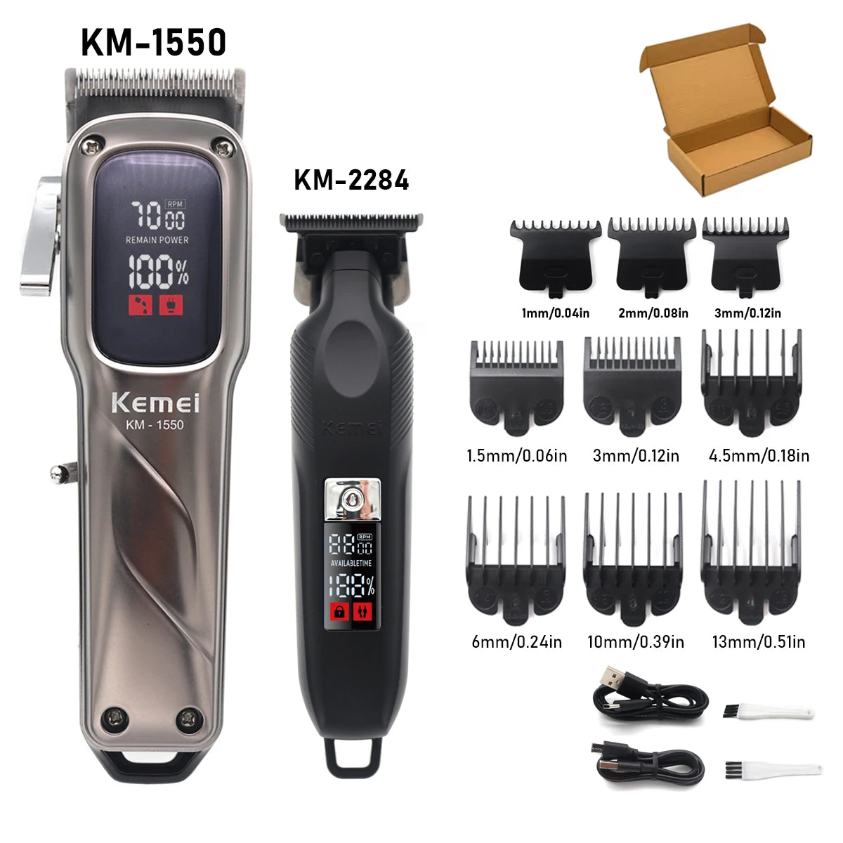 A Kemei KM-1550 cordless hair clipper with an LED display and various attachments.