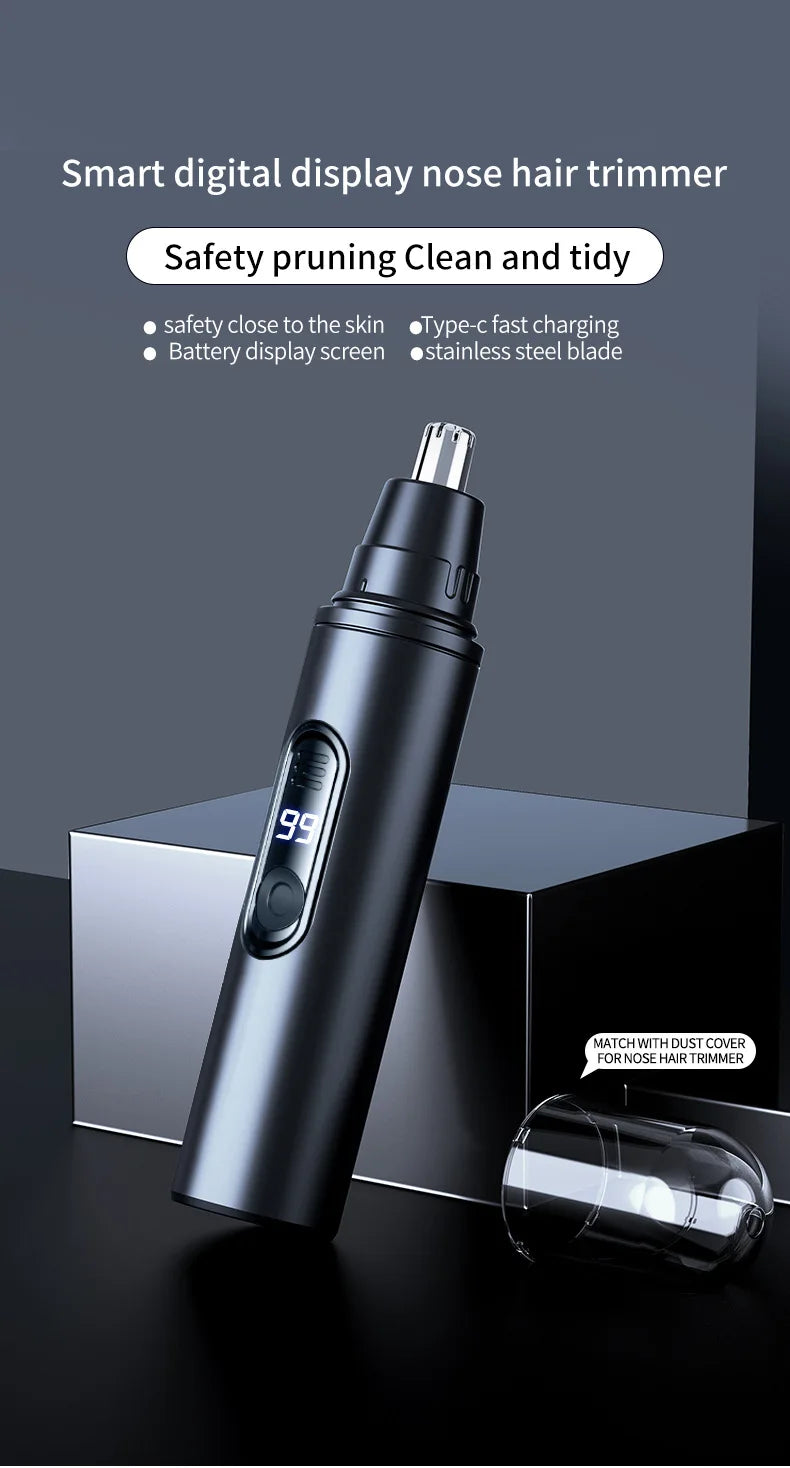 A black smart digital display nose hair trimmer is shown next to its dust cover.