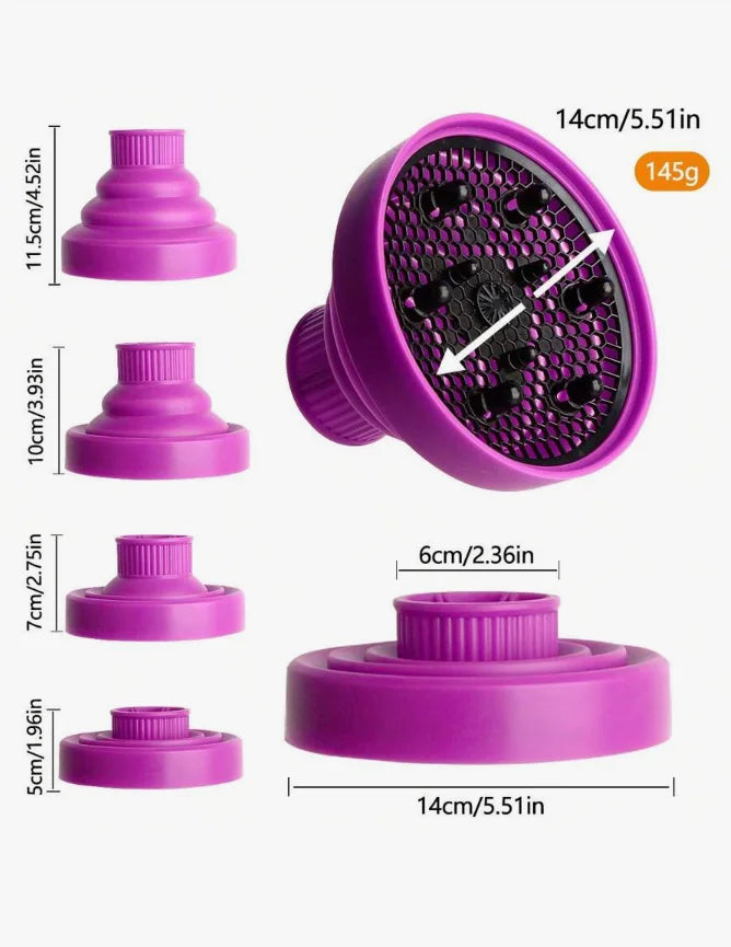 A set of silicone diffuser covers in purple for hair dryers, showing various sizes and a mesh diffuser attachment.