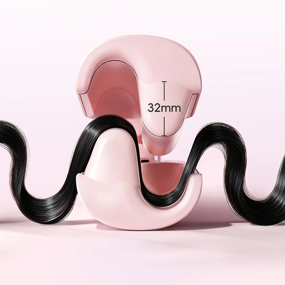 A pink professional double barrel curling iron with a 32mm barrel is shown, featuring long black hair.