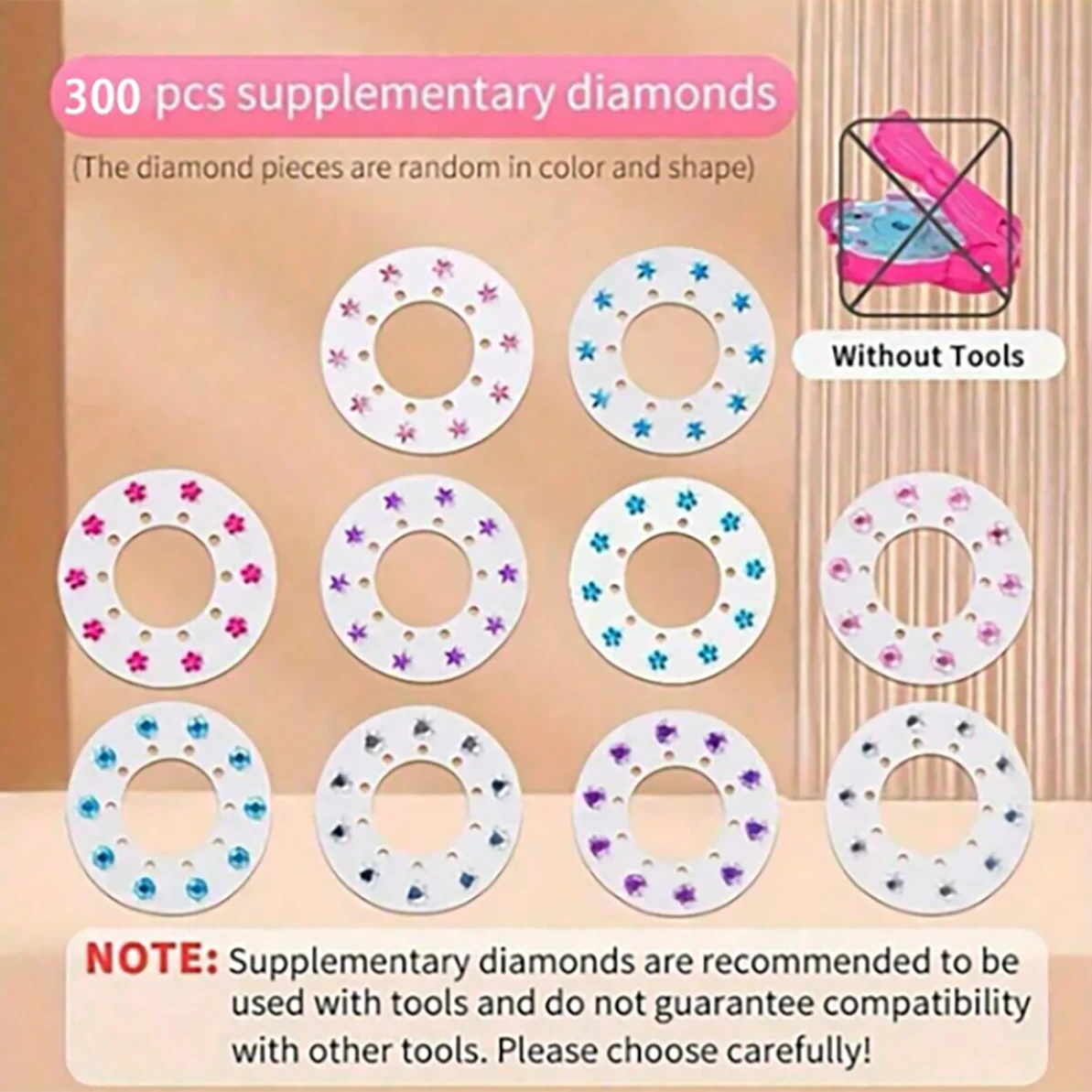 A set of 300 supplementary diamonds in various colors and shapes for hair braiding and jewelry craft.