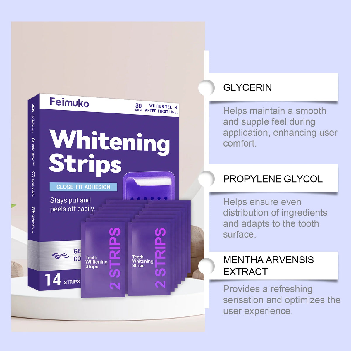 Box of Feimuko Whitening Strips showing ingredients like glycerin and mentha extract