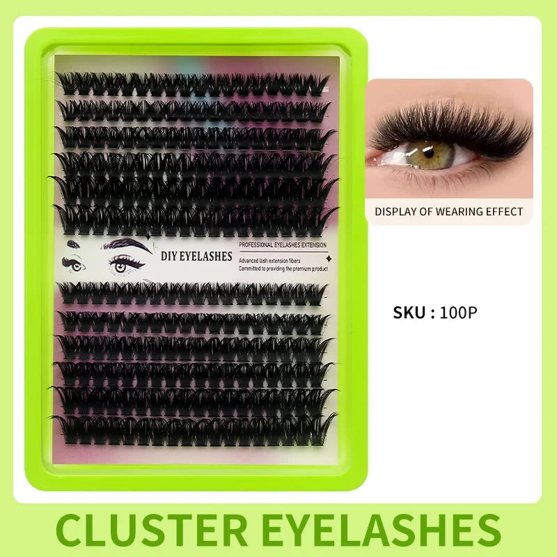 A display of professional DIY eyelash extension clusters in black on a green tray.