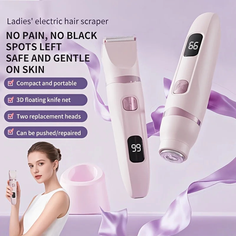 Un rastrillo eléctrico blanco para el cabello junto a una herramienta de espuma rosa y una mujer usando el dispositivo.