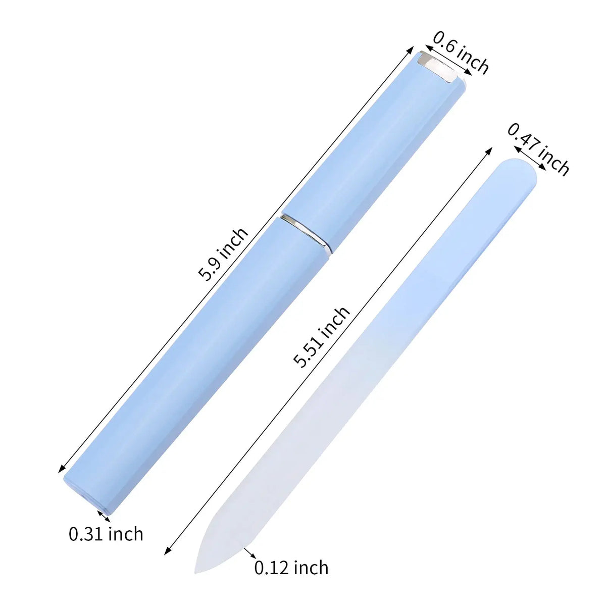 A long, light blue double-sided etched glass nail file set with various dimensions shown.