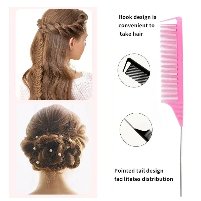 A pink hair styling comb and brush set featuring a hook design and a pointed tail design for hair distribution.
