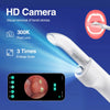 A white precision tonsil stone remover device with an HD camera is shown next to a smartphone displaying an endoscopic view.