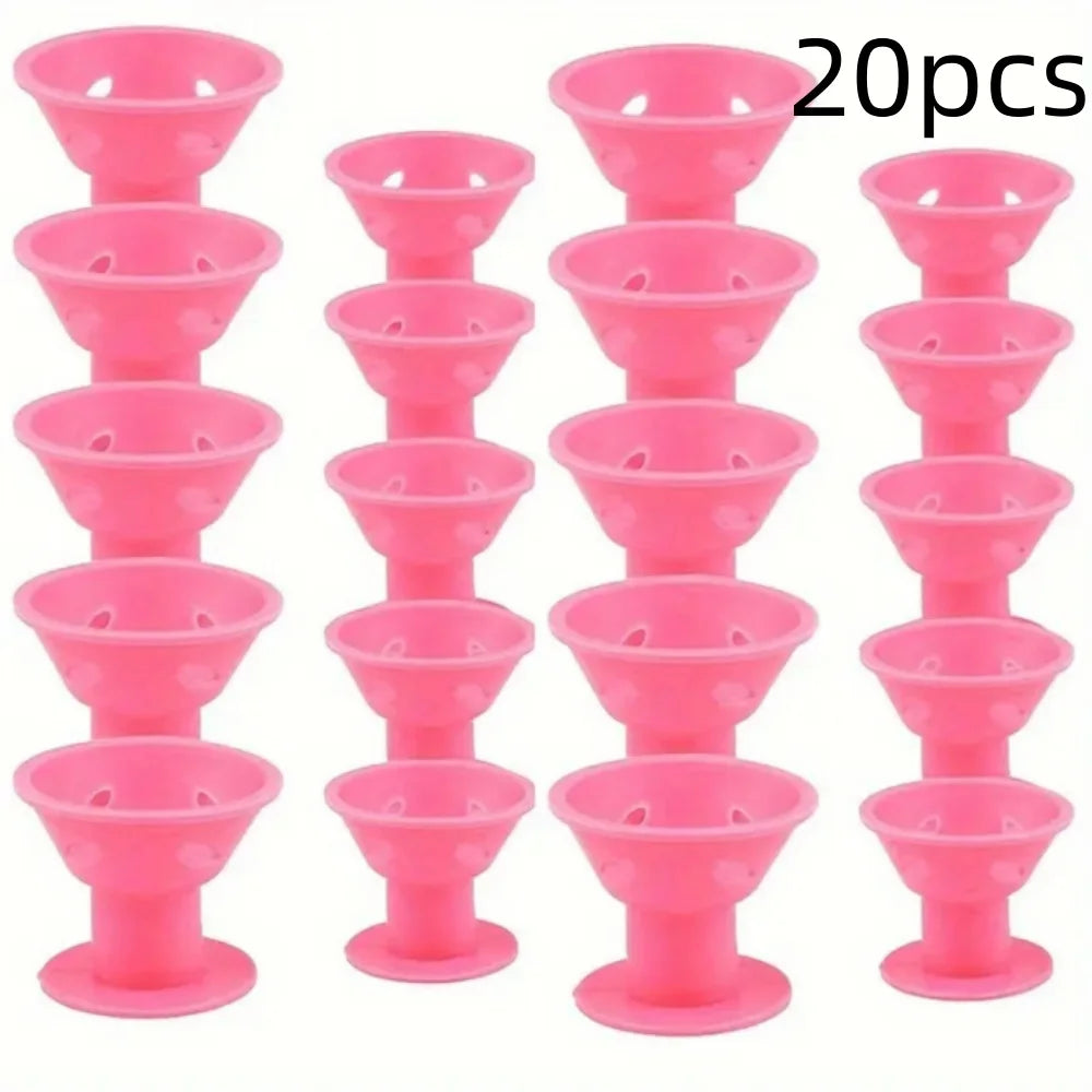 A set of 20 pink heatless silicone curling hair tools with various sized barrels and bases.