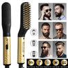 A professional electric straightening comb with a gold finish shown alongside models demonstrating its use and features.